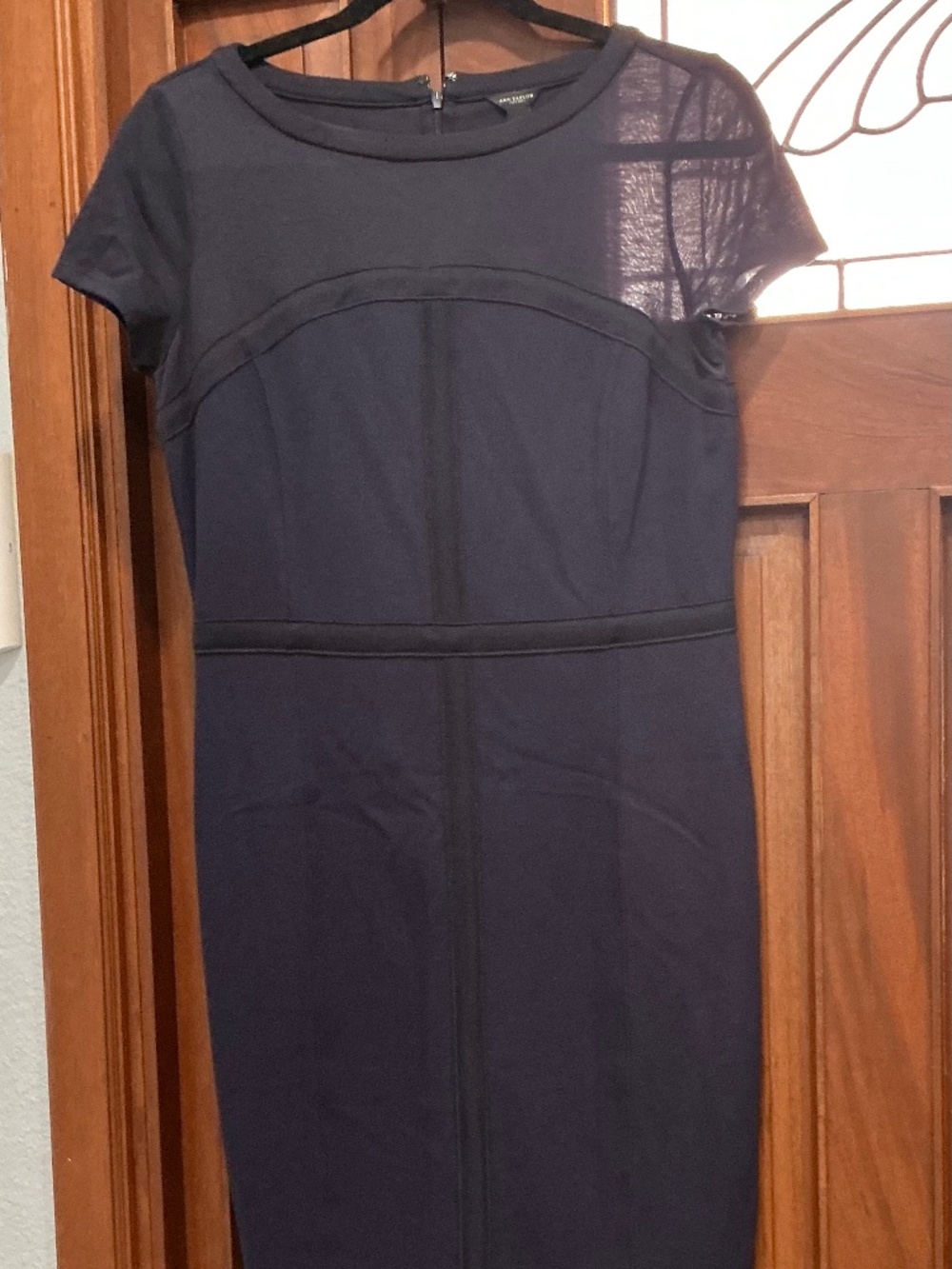 Ann Taylor: Navy Blue & Black Short Sleeve Sheath Dress